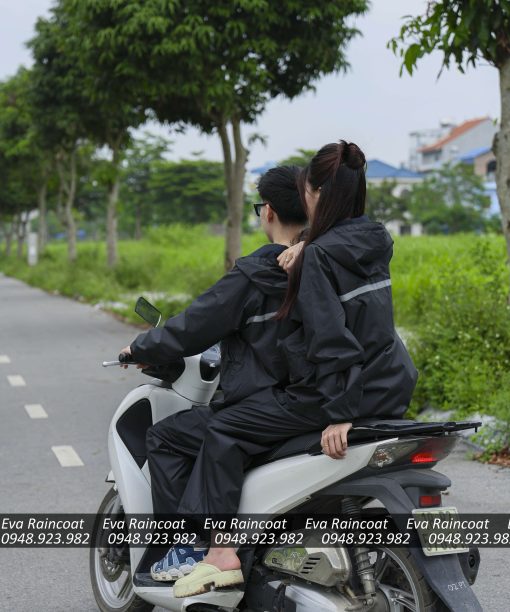 Áo mưa bộ 2 lớp chống thấm chống gió lạnh A1 – Đen phản quang túi nắp