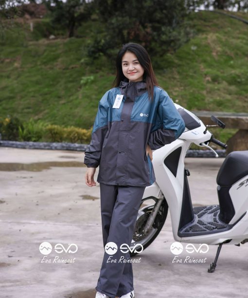 Áo Mưa Bộ 2 Lớp EVA Hàng Xuất Khẩu – Xanh Xăng Trầm (Petrol Blue), Form Gọn Đi Xe Máy