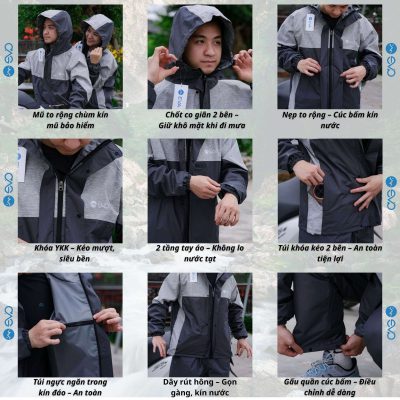Áo Mưa Bộ 2 Lớp EVA Hàng Xuất Khẩu – Ghi muối tiêu (Silver Mist), Form Gọn Đi Xe Máy